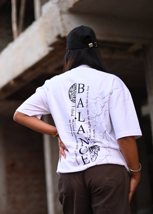 White oversized streetwear t shirt with Balance graphic design featuring brain, heart, and lightning artwork β fashion tee for men and women