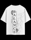 White oversized streetwear t shirt with Balance graphic design featuring brain, heart, and lightning artwork β fashion tee for men and women
