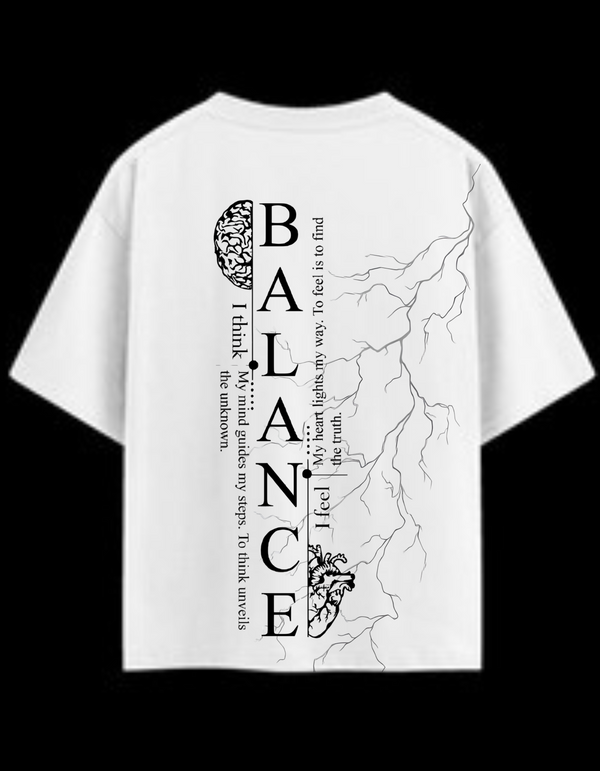 White oversized streetwear t shirt with Balance graphic design featuring brain, heart, and lightning artwork β fashion tee for men and women