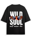 Black oversized t shirt with tiger eyes graphic and bold text “Wild Soul will never die” – streetwear fashion graphic tee for men and women.
