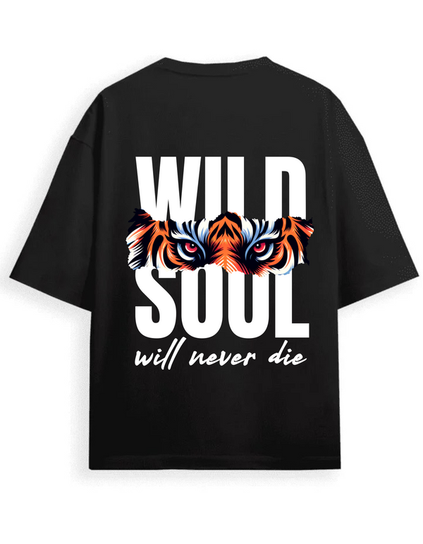 Black oversized t shirt with tiger eyes graphic and bold text “Wild Soul will never die” – streetwear fashion graphic tee for men and women.