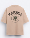 Beige oversized t shirt with bold “Karma” text and symbolic circular graphic – streetwear fashion graphic tee for men and women.