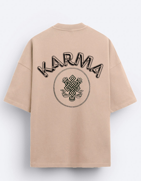 Beige oversized t shirt with bold “Karma” text and symbolic circular graphic – streetwear fashion graphic tee for men and women.
