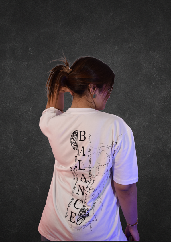 White oversized streetwear t shirt with Balance graphic design featuring brain, heart, and lightning artwork – fashion tee for men and women