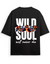 Black oversized t shirt with tiger eyes graphic and bold text “Wild Soul will never die” – streetwear fashion graphic tee for men and women.